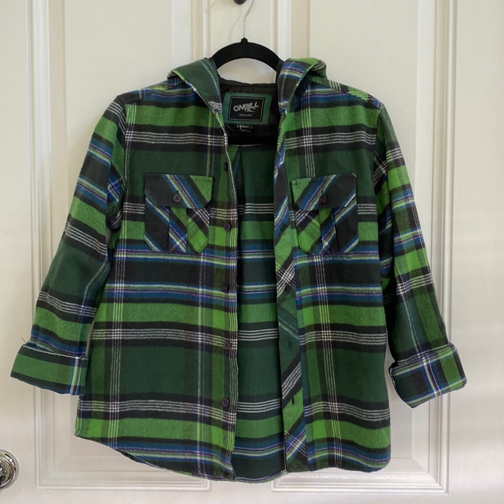 O’NEILL boys long sleeve button up flannel with hoodie
